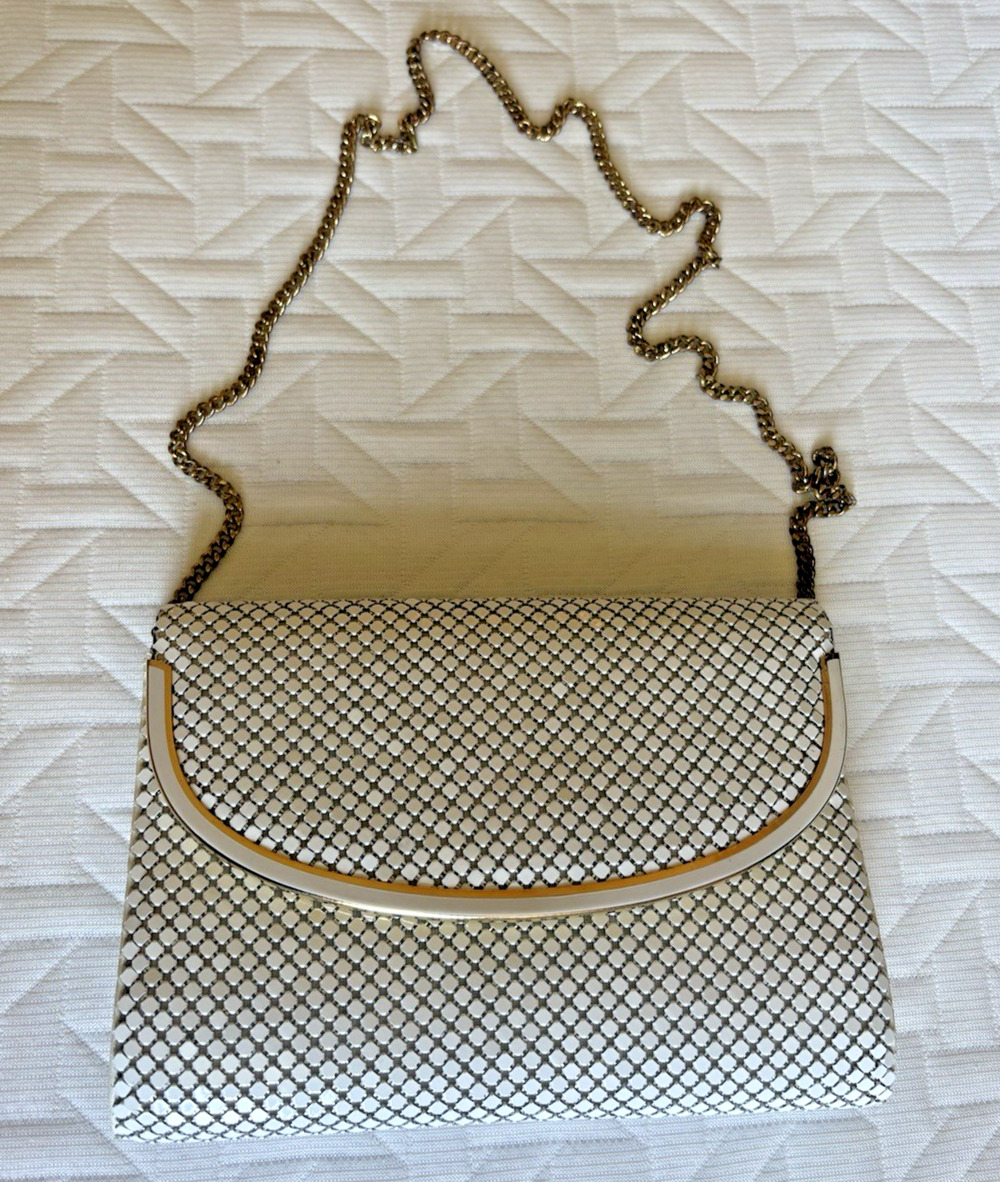 Vintage Whiting & Davis White Evening Bag Gold Tone Chain Clutch 8x6